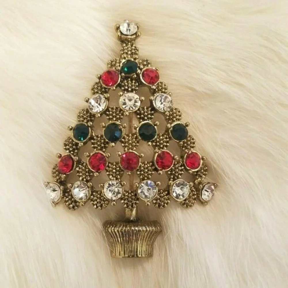 Vintage Christmas Tree Brooch Pin Red Green White Rhinestone 3D Holidays 4880